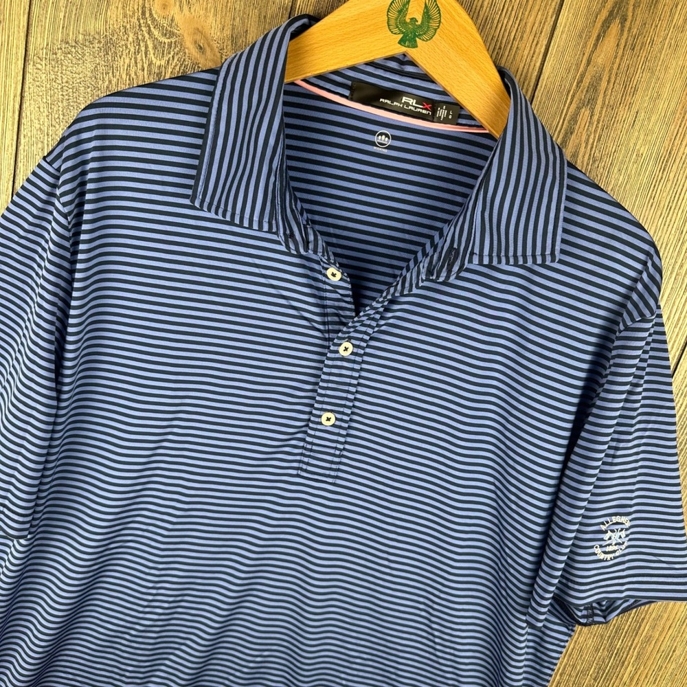 RLX Ralph Lauren Blue Striped Golf Polo Shirt Mens Large Allegheny Country Club